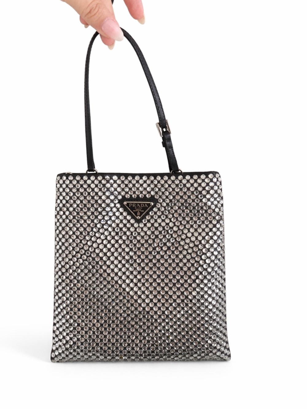 Prada Crystal Rhinestone Top Handle Mini Bag Black Satin Triangle Logo
